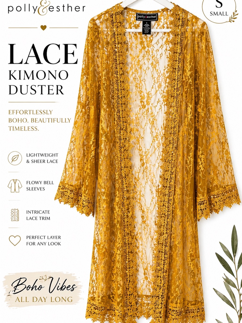Polly & Esther Boho Lace Kimono Duster S | Gold Sheer Cardigan Longline Cover Up - Picture 6 of 6